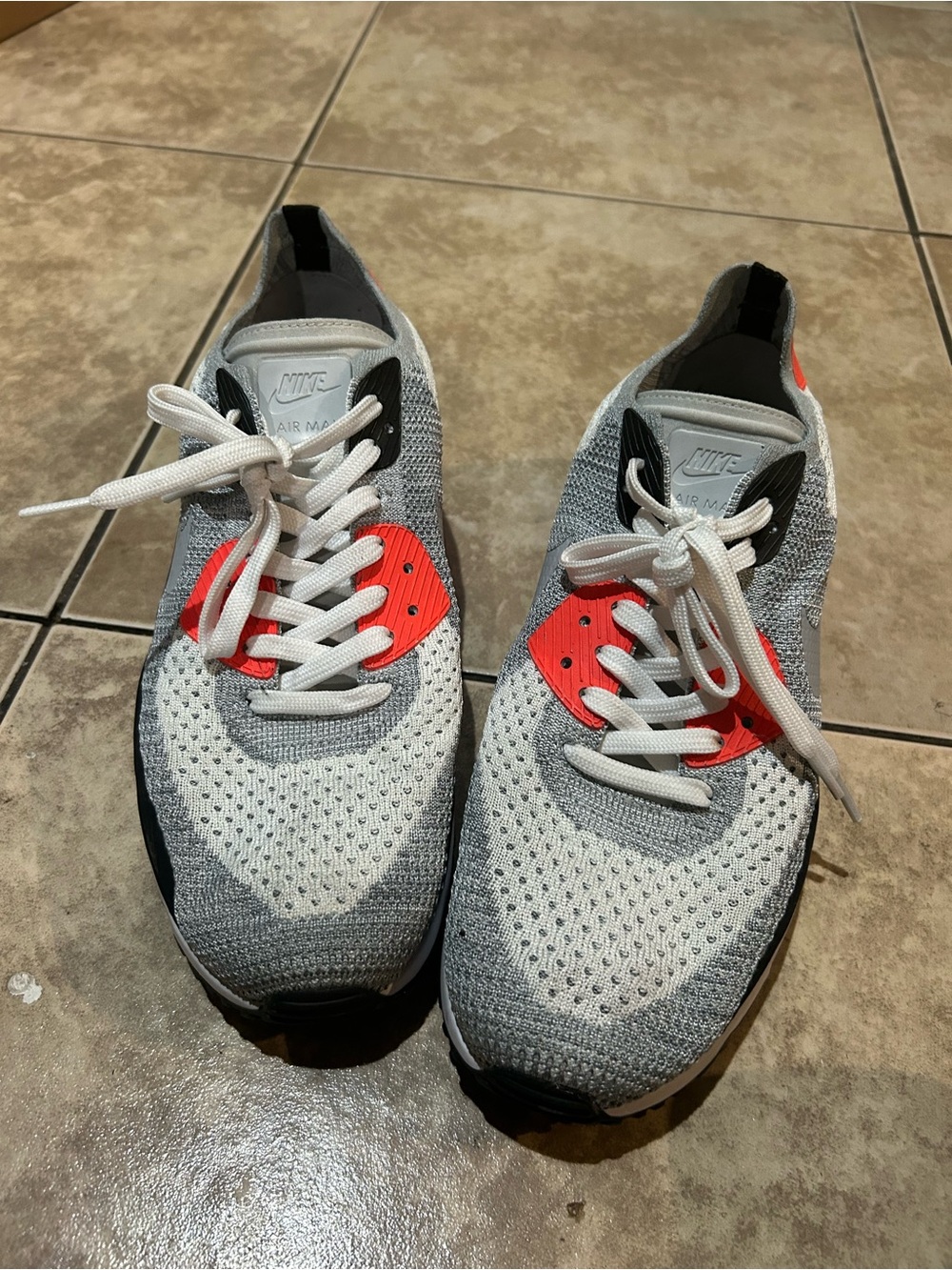 Nike Men’s Flyknit Sneakers in Grey, White & Red-Orange